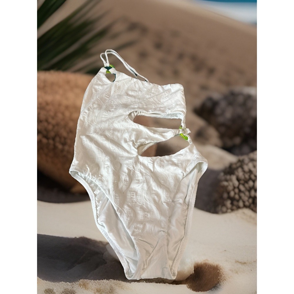 Trina Turk Sze Small/4 Cascais Wave 1 Shoulder Green Ring Cut Out Swimsuit White